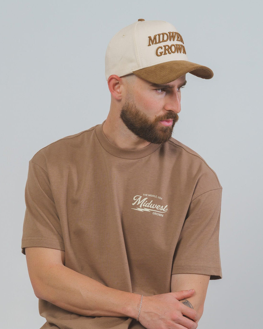 Man wearing a brown t-shirt and cap with 'Midwest Grown' text, sitting on a stool against a plain background.