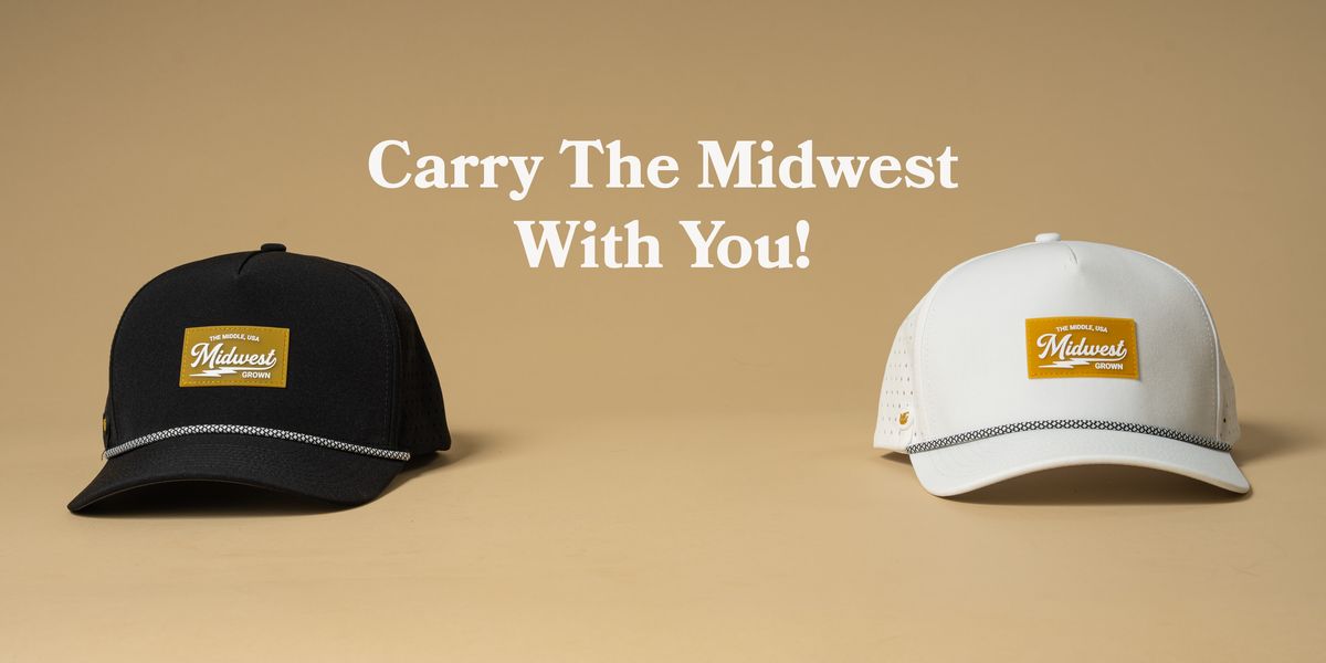 Midwest Grown hats displayed on a tan background.