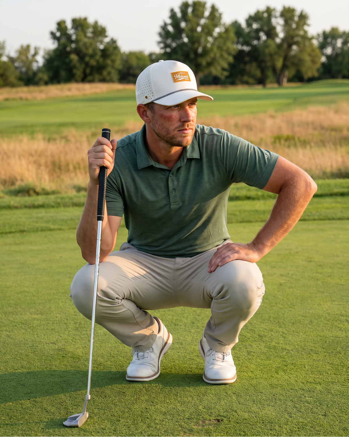 A man crouching on a golf course holding a golf club, wearing a green polo shirt, beige pants, white golf shoes, and a white cap with a visible 'Midwest GOLF' logo patch.