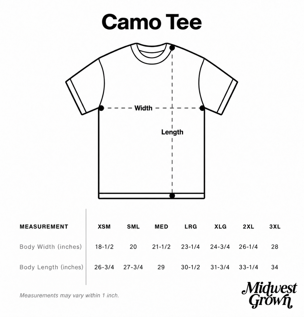 Midwest Grown Camo Tee size guide
