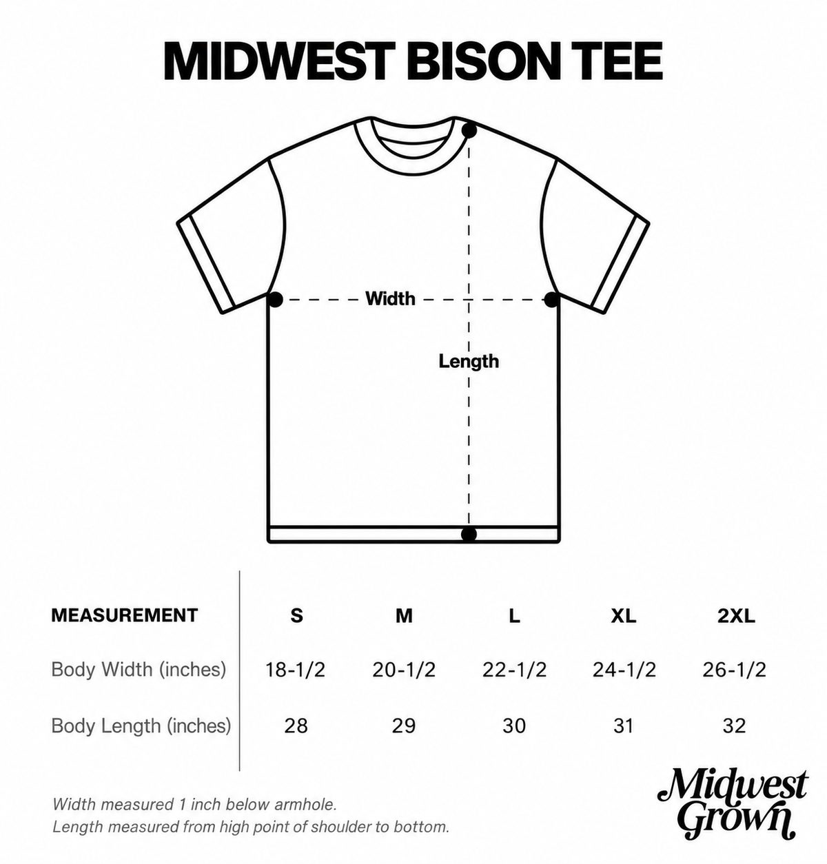 Midwest Bison Tee size guide